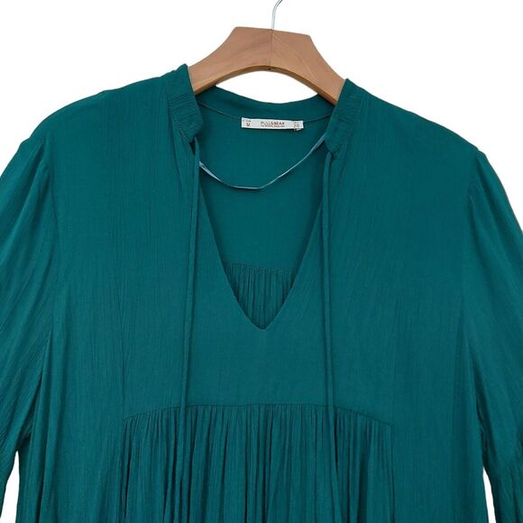 Pull&Bear Maxi Dress Womens Medium Green Bell Sleeve Pleated V-Neck Bohemian - Picture 2 of 10